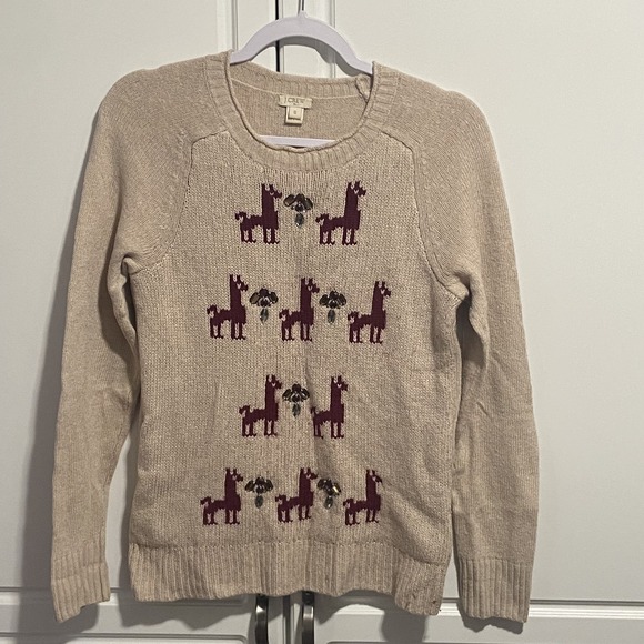 J.CREW Sweaters - J Crew Merino Wool Blend Tan Llama Gem Embellished Crew Neck Sweater Small